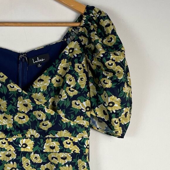Lulus Floral Inclusive Floral Print Puff Sleeve Mini Dress Small Navy Yellow NEW - Picture 7 of 13